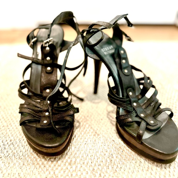 Stuart Weitzman platform heels. Strappy leather with wooden base. - Picture 1 of 6